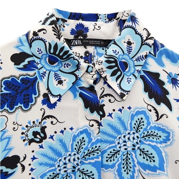 NWT Zara Navy Aqua Blue & White Floral Satin Button Down Blouse - L - Picture 5 of 16